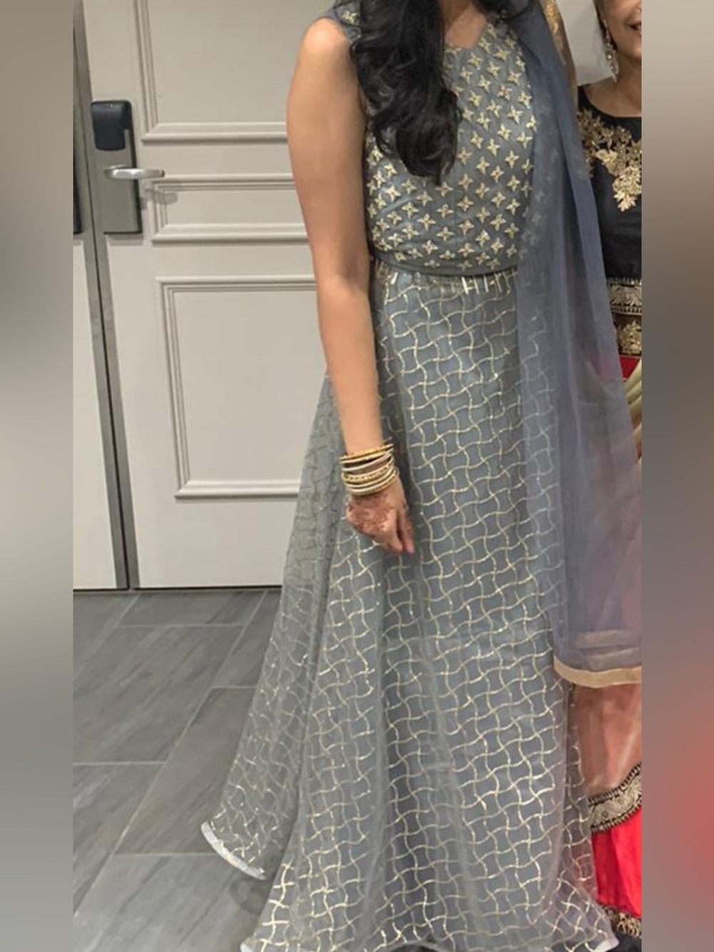 Embellished Grey-Blue Lehenga with Gold Accents